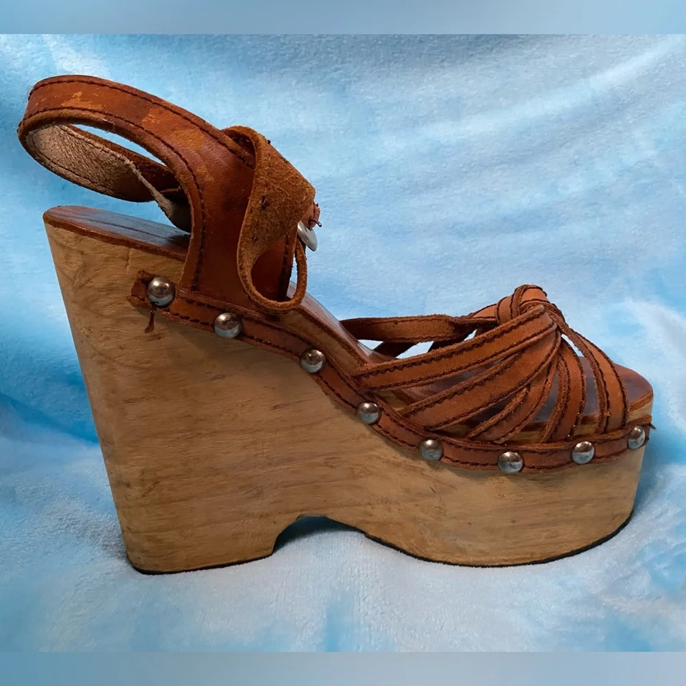 Vintage 70s 6.5 Wooden Platform Heels Sandals Leather 1970s Hippie Cher Disco - Picture 7 of 12